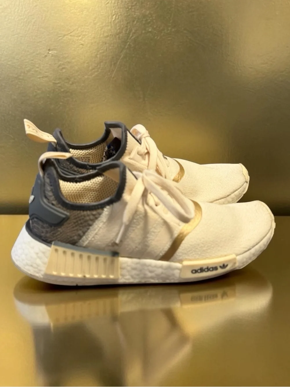 adidas NMD R1 Wonder White/Snakeskin and Gold Sneakers